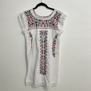 Mexican White Embroidered Peasant Dress Cover Up Mini Crochet Lace Trim XS Beach